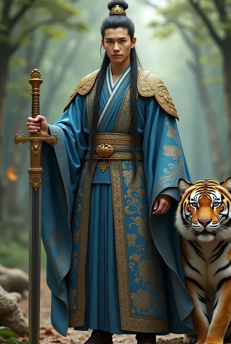 ((best quality)), ((masterpiece)), (detailed), perfect face Photo realistic image of a 19 years old young man in a gold patterned blue hanfu. Intricate gold hair piece. Proud, regal personality, Attractive, long black hair in a high ponytail. Kind and brav...