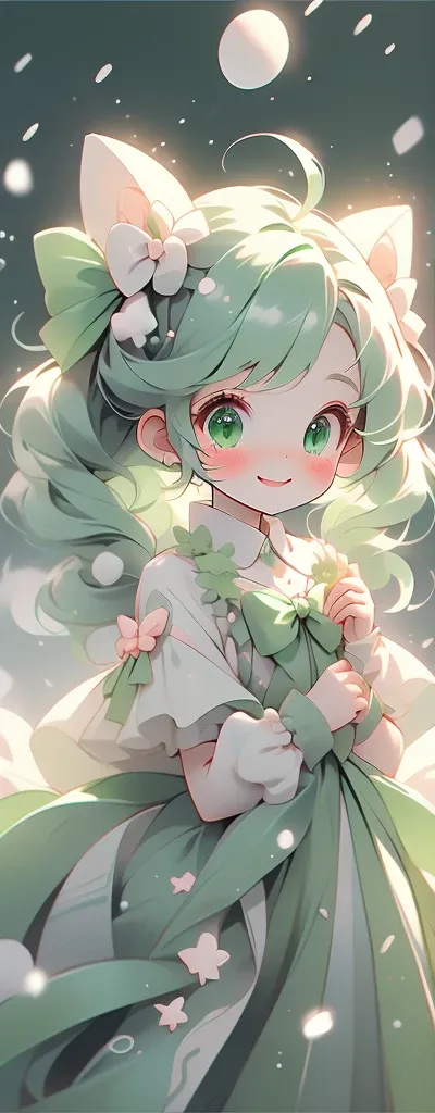 (pastel:1.2)、Ezvian everywhere、Long twin tails、pure-green Bow and Bow、cute Eyes、Santa-cos dress、gentil smiling、Touch the mouth、Fluffy 、original、Round background、Colorful gradient, whole body drawing, snow falling