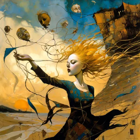 oil and acrylic painting. In the style of Dave McKean, Klimt. A young blonde woman energetically holds a thread to which are attached several theatrical masks floating in the sky and tries to prevent the wind from ripping the thread from her hands . The ba...