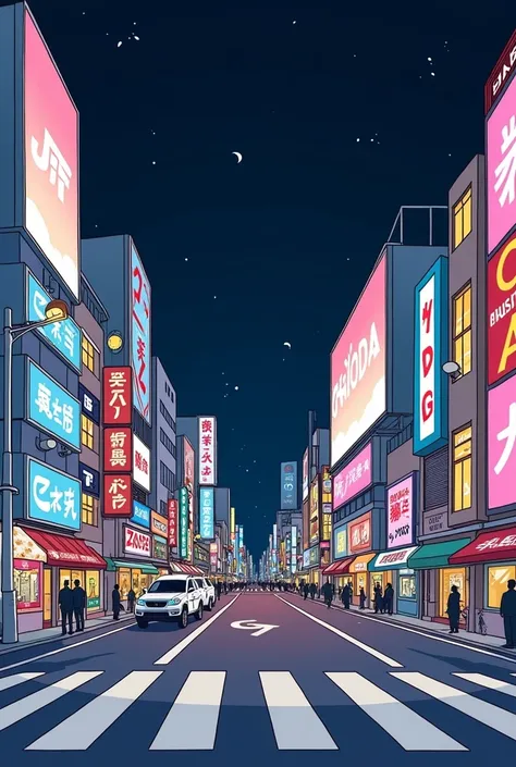 A cartoonish vector-style illustration of Tokyo’s Shibuya Crossing at night, drawn in black contour lines with minimal shading, in the style of Gabe Liedman’s Q-Force. The view is from the opposite side of the street, showing the vibrant cityscape with bui...