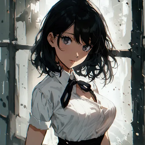 1 girl , High Resolution, Long Hair, Black Hair, Anime Style, Best Quality, white shirt with black necktie , Black skirt  and 1girl Bob hair style , Black hair , black eyes , black glasses , white shirt with black necktie , Black skirt  