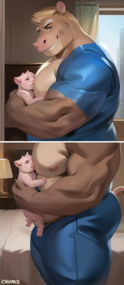 Living with baby pigs Crying​, sleepless, bedroom, big male. Hippo ,blue military spacesuit, overweight,Hugging a baby pig muscular, smirking, by chunie