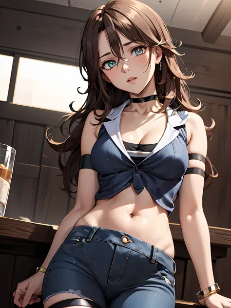 1girl, solo, breasts, long hair, brown hair, cleavage, jewelry, bracelet, yellow eyes, sumeragi lee noriega, 
break ((crop top, ...