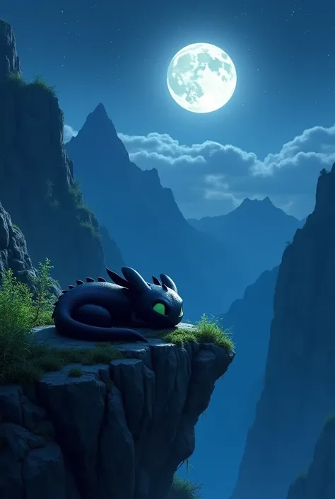 Toothless from mountain sleeps on a cliff in front of the full moon at night
 
