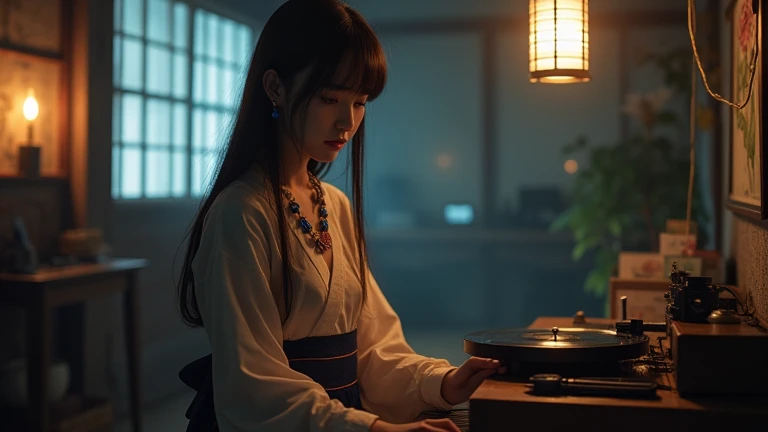 whole body、 sitting figure、 realistic 、 real、photograph、 1 girl, whole body、Alone, gem,  detachable sleeve,  Necklaces ,  blue beaded earrings, Hakama skirtYunaFFX, ultra high resolution,Dim room at night、Old Japanese House、Record player、photograph, photog...