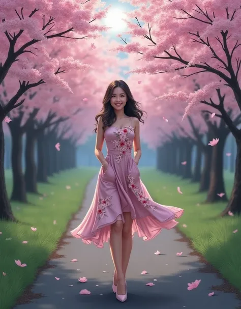 Realistic full body portrait of an Indonesian woman wearing a dress with a cherry blossom motif, slightly flowing at the bottom, high heel shoes, walking forward on an asphalt road in a park with smooth green grass on either side, there are cherry blossom ...