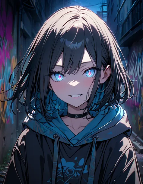 masterpiece,  best quality, 8k, detailed background, masterpiece,  best quality, smile,  ornament,  hoodies , Portraiture,  neon blue, graffiti, dark, night, Shining Eyes,  black light,Yozaki Kanade