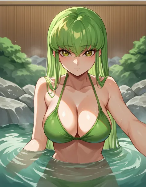 score_9, score_8_up, score_7_up, source_anime, codegeasscc, cc, brown eyes, green hair, long hair, straight hair, looking at viewer,  green bikini, in hot spring, hot spring,