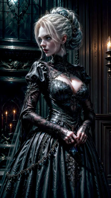 Highly detailed, cinematic, realistic. A regal female vampire from the Ventrue clan, embodying vampiric aristocracy. She has piercing ice-blue eyes, platinum-blonde hair styled into an elegant chignon, and flawless pale skin. Dressed in a tailored midnight...