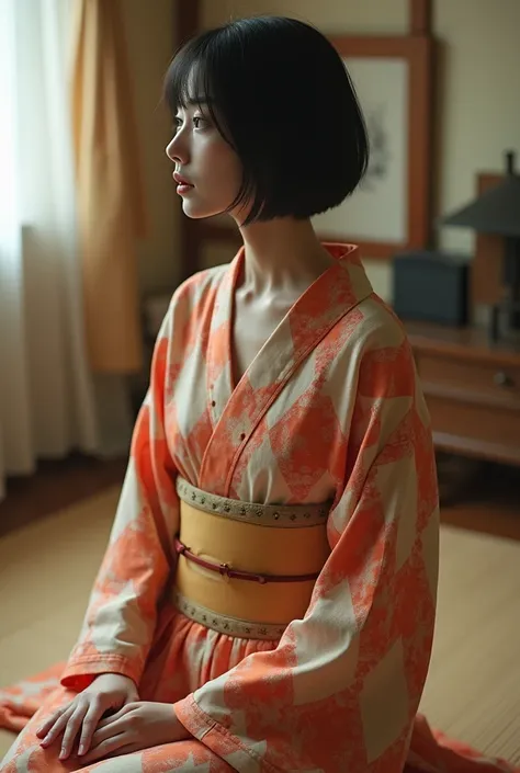  Editorial Photography ,  super detailed background  , super real ,Double Exposure, depth of writing,  young Japanese woman、 full body、seiza、 Cool Beauty Ultra Slim Skinny Video , perfect anatomy 、 Soft Focus Sepia Tone ,Scenes from the story ,It was trans...