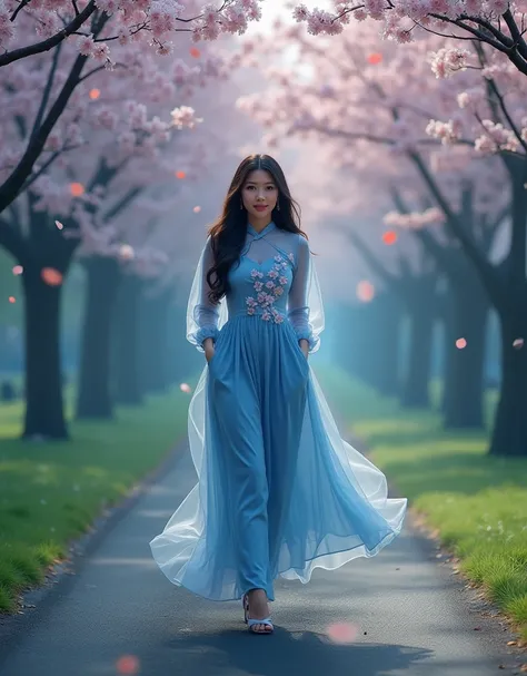 Realistic full body portrait of an Indonesian woman wearing a blue dress with a cherry blossom motif, slightly flowing at the bottom, high heel shoes, walking forward on an asphalt road in a park with smooth green grass on either side, there are cherry blo...