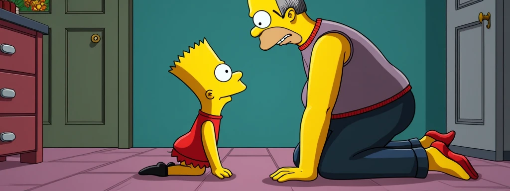  Bart Simpson in black transparent pantyhose and high heels kneeling on the floor and looking at Homer standing upright in front of him. sexy pose, nylon, femboy, cartoon style