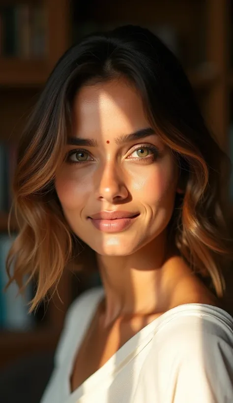 A hyper-realistic close-up portrait of a 30-year-old Bangladeshi woman with olive-toned skin and freckles, her deep green eyes reflecting soft morning sunlight streaming through a window, delicate strands of her wavy chestnut-brown hair cascading naturally...