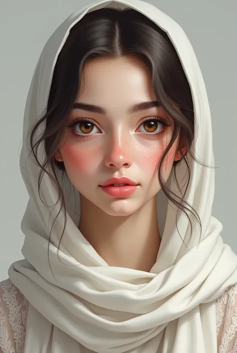 my skin tone is white, my eyes are light brown, my face is round and there are frackles in my face, lips are average, eyelashes are so long and dark, nose is bigger i wear hijab in white color, brows are fixated and much
