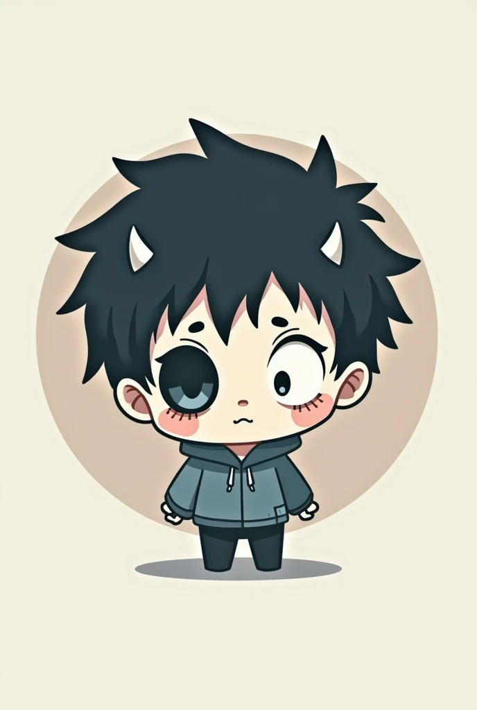 Minimalistic anime-inspired logo featuring a young boy who is a quirky mix of a monster or zombie, designed to represent a creative designer. The character has a playful yet eerie charm, with tired, droopy eyes, dark under-eye circles, and messy hair. Quir...