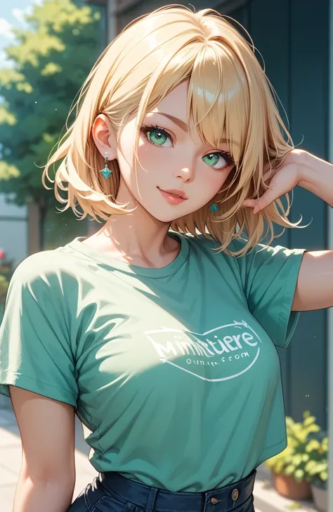 masterpiece、High image quality、、Blonde、 green T-shirt 、front pose 