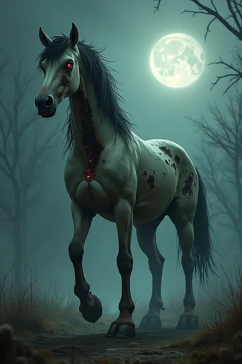 "A surreal hybrid creature that is a fusion of a horse and a zombie. The creature has the muscular body of a horse, but its flesh is decayed and patchy, with parts of its bones exposed and glowing faintly. Its mane is wild and tattered, and its eyes are ho...