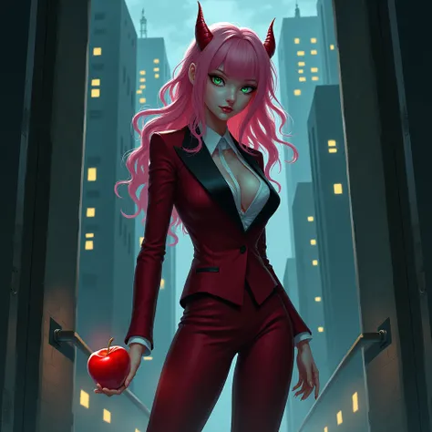 A beautiful tall young girl with wonderful lush pink hair, emerald eyes, sometimes small red horns barely sticking out of her hair with small breasts in a formal red and black suit with her left hand outstretched forward with a full-length apple against th...