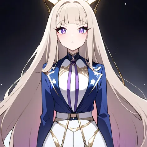 Clothes: blue shirt with white trousers, in the style anime, long hair, she has long hair with fluffy bangs, cats eyes, , her almond-shaped eyes with deep amethyst pupils attracted, long  perfectly curved eyelashes framed them ,  creating a mysterious ,  a...