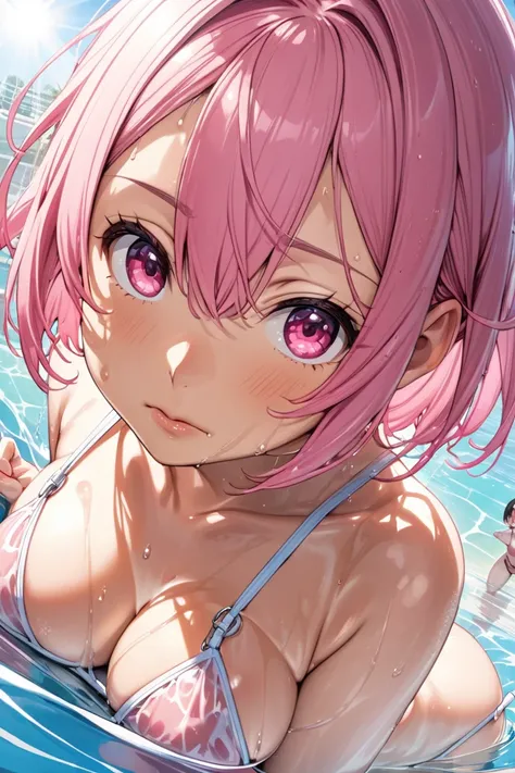 nsfw, Shiratori Aira, 30 year old pervert mom, raised left asymmetrical short hair,  smooth hair in the nostrils, Ahoge, Pink Hair,  pink eyes, Big Breasts, Tiny white bikini,  wet and transparent , lure, Strong sunlight ,  low angle,  looking at the camer...