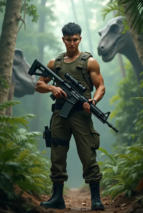 Asian man stands holding gun in jurasic movie scene