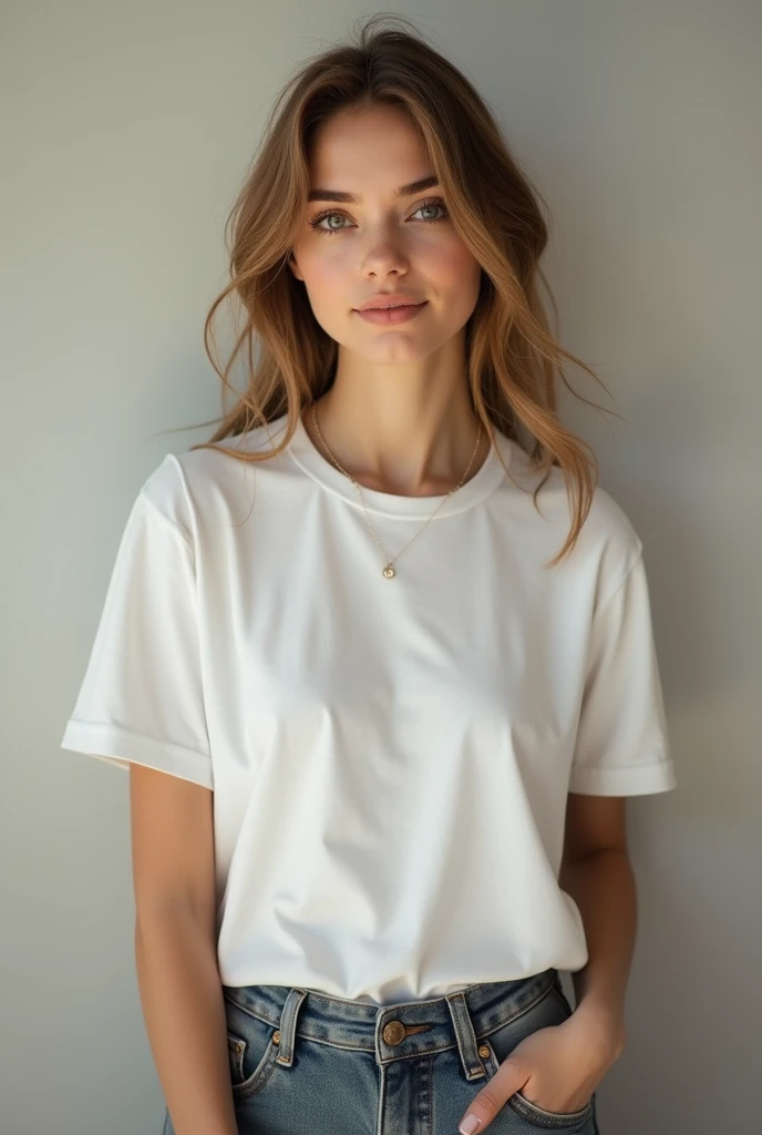  Cute Russin 35 year old 
girl simple white T-shirt wear