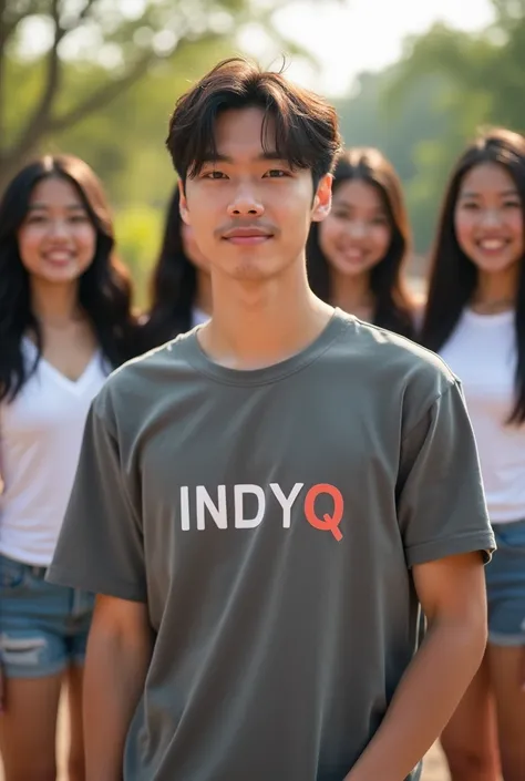 1 man 20 years old, handsome , Wearing an gray shirt with the words "INDY Q" printed on the chest, Standing in a circle of women,

backdrop are  5 girls 20-year-old Asian teenage, with a proportional figure, very large breasts, white skin, black long hair,...