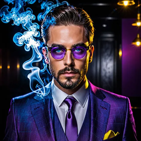 man night glasses lighting suit nightclub smoke adult business serious scars style high quality Blue eyes,  purple eyes, yellow eyes, Visual illusion, Vignetting, 