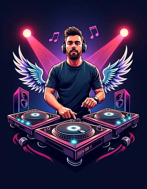 Professional logo written in Spanish with the best quality you can say "  Simon Rendon Dj  " ( Simon Rendon Dj ) ,  personalized design for a DEEJAY  ,  personalized letters with decorations on the letters and DJ accessories ,  in the background a turntabl...