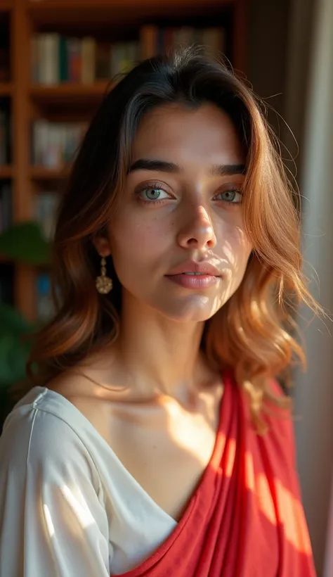 A hyper-realistic close-up portrait of a 26-year-old Bangladeshi woman with Cute-toned skin and freckles, her deep blue eyes reflecting soft morning sunlight streaming through a window, delicate strands of her wavy chestnut-brown hair cascading naturally o...