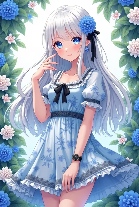 (  Masterpiece ), ( best quality), Illustration,  super detailed,  high definition ,  depth of writing, ( colorful ),[[Total]],_(key),[Nachoneko], nai3 style ,  1 girl, flower, Alone,  dress,  hair ornament,  blue eyes, gem,  earrings for a woman alone,  h...