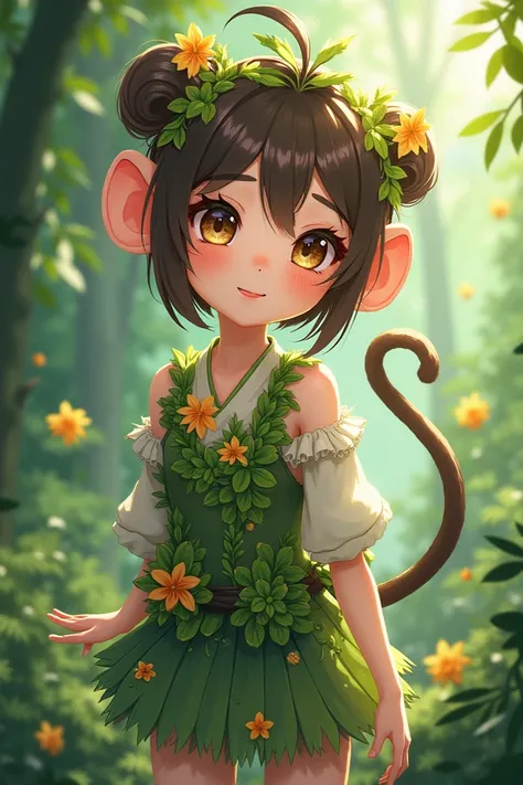 Create an anime girl that represents the Japanese zodiac monkey she should have monkey eyes on her hair and a monkey tail she should wear an outfit made of foliage