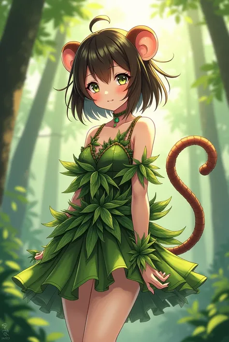 Create an anime lady that represents the Japanese zodiac monkey she should have monkey ears on her hair and a monkey tail she should wear an outfit made of foliage