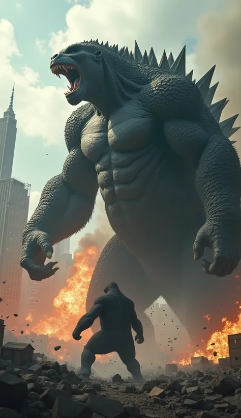 A massive gorilla stands chest-to-chest with a towering Godzilla, both roaring in a dramatic face-off with a fiery cityscape behind them.