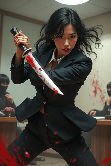 Beast quality, Hight quality, realistic, very beautiful woman office, woman kill ninja, ninja dead, woman knife kill cut throat male ninja, male japan ninja, male ninja full face mask, ninja neck splash in blood, Chinese woman