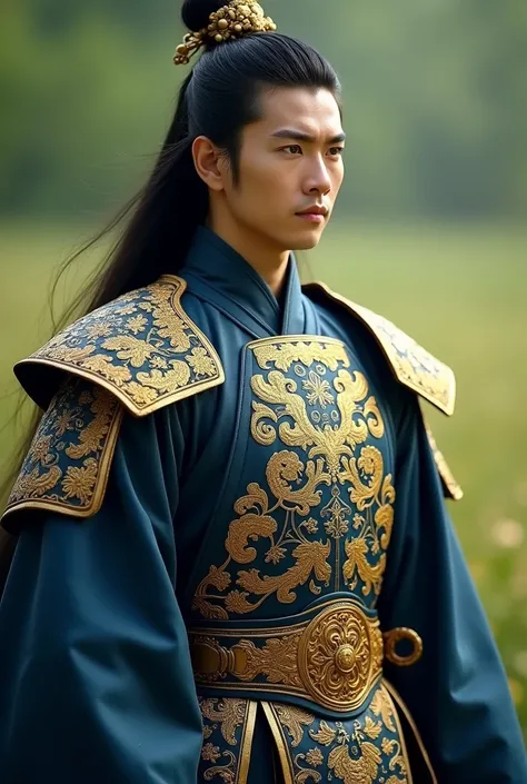 ((best quality)), ((masterpiece)), (detailed), perfect face Photo realistic image of a 23 years old young man in a intricate patterned dark blue hanfu. Wearing a golden armour, Proud, regal personality, Attractive, long black hair. Arrogant. Looks like gen...