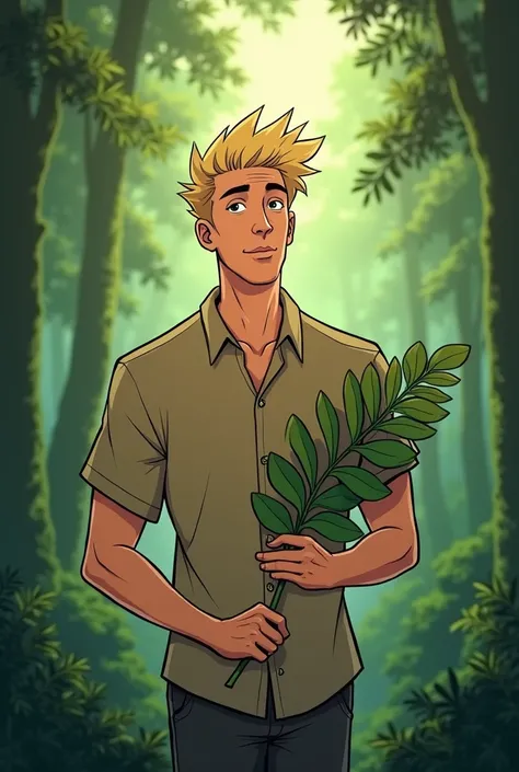 A tall, white Asian man, golden-blonde coma hairstyle, wearing a light brown shirt, is holding eucalyptus leaves in the middle of a green forest, a humid jungle, an atmosphere full of sobriety, cool, calm, cartoon.