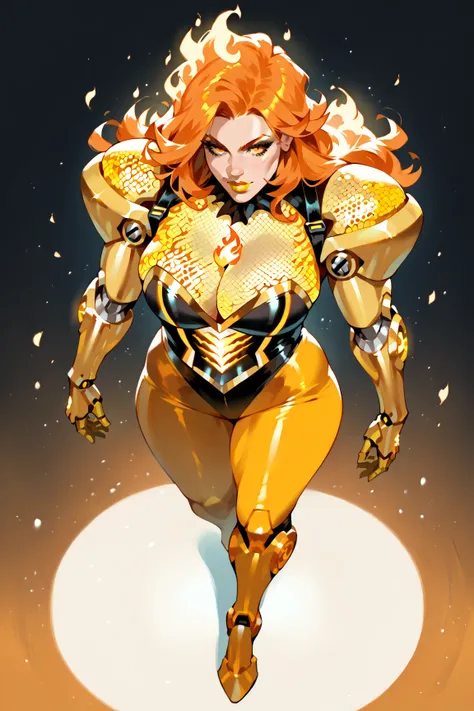 A woman with perfect curvy body, full body, from above, golden skin, flaming metallic gold hair, dimly glowing orange eyes, gold lips, gold robotic arms with flaming fists, gold robotic legs, gold robotic corset