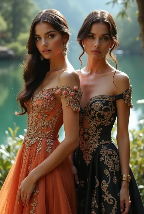 Two gorgeous brunette girls posing together! They are wearing stunning extravagant outfits, in beautiful locations 