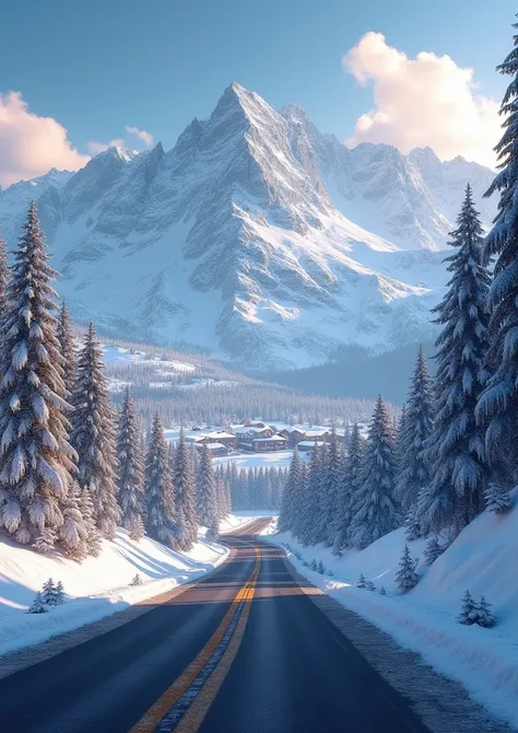 an asphalt road, in the mountains, leading to a ski resort, detailed landscape, beautiful winter scenery, highly detailed, ultra-detailed, 8k, photorealistic, dramatic lighting, cinematic composition, vivid colors, warm color palette, atmospheric