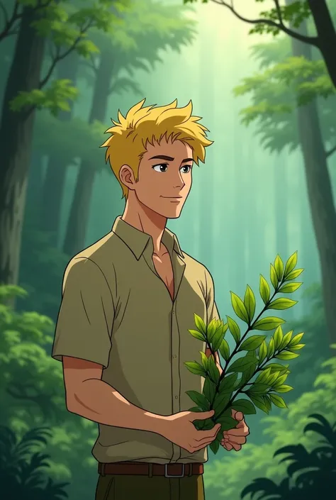 A tall Asian man with white skin, golden blonde coma hairstyle, wearing a light brown shirt, is holding eucalyptus leaves in the middle of a green forest, a humid jungle, an atmosphere full of tranquility, cold, calm, anime Disney