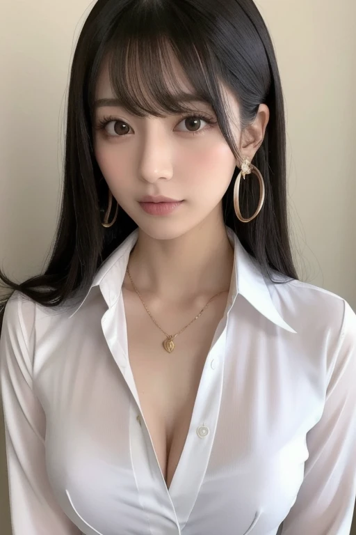  1 girl, solo,  high definition ,  long hair, chest,,  black hair,  earrings for a woman alone,  pretty girl　 the most beautiful woman in the world　president　suit　Rich　 Tall　Older sister　 Career Woman 　 and the nose is tall　Rinとしてる　大きなchest, masterpiece,  ...