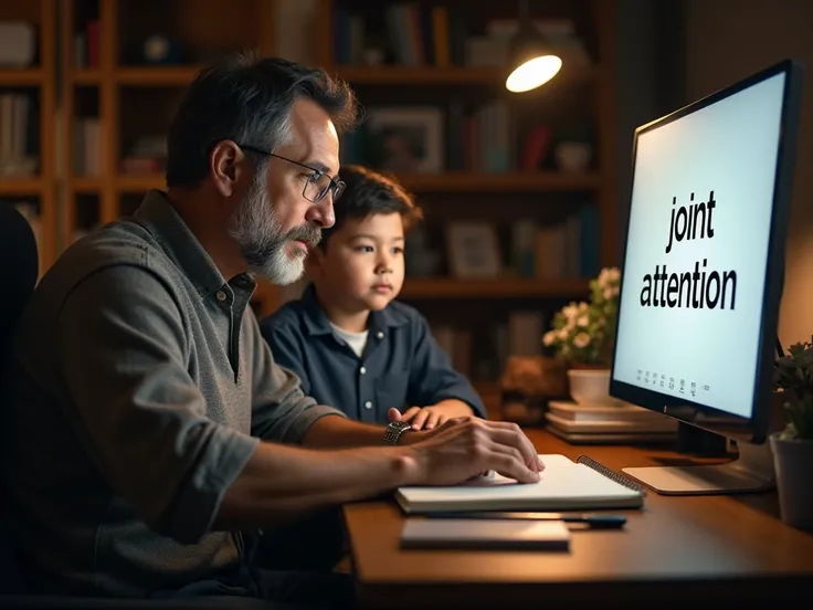 A man at his desk，Looking at his notebook 。 his son is standing behind him，Also looking at the screen 。 with “Joint Attention” written on the screen。