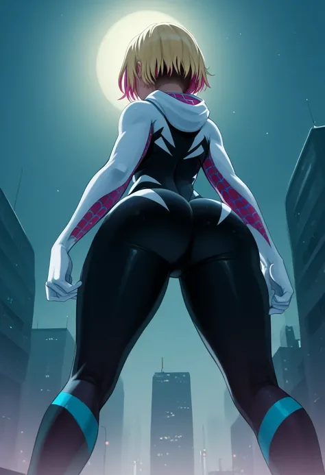 score_9, score_8_below, 1girl, solo, (short hair Gwen Stacy, blonde, colorful highlights:1.2), (Spidergwen suit:1.3), thick thighs, ass focus, New York, Time Square, fog, night, colorful, 2D, crouching, (shot from below:1.3), rear view.