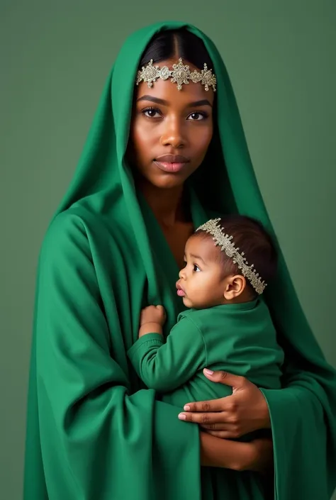  The model is a young woman , of coffee,  Hebrew traits ,  with a veil in jade green and dressed in jade green. She has a   ( also Hebrew )  baby in her arms ,  also dressed in jade green ,  both wearing minimalist crowns . 