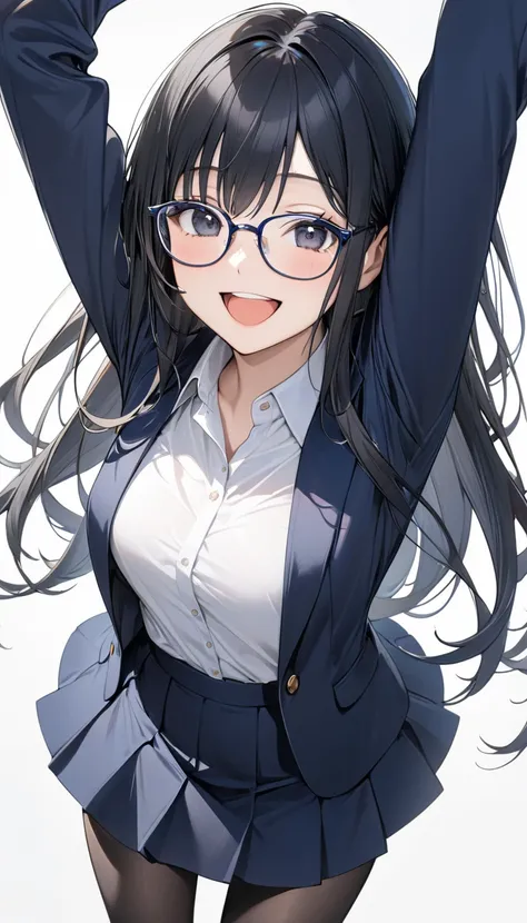 1girl, solo,long hair, happy,smile,black hair, black eyes, Navy blue jacket,glasses, navy blue tight skirt, white collared shirt, Raise both hands up,masterpiece,standing,high quality, masterpiece, best quality, absurdres,looking at viewer, front view,full...