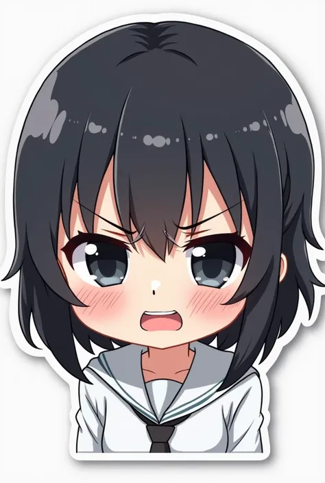 Create 1 chibi anime character with stress face for sticker, shoulder-length short dark hair and black eyes 