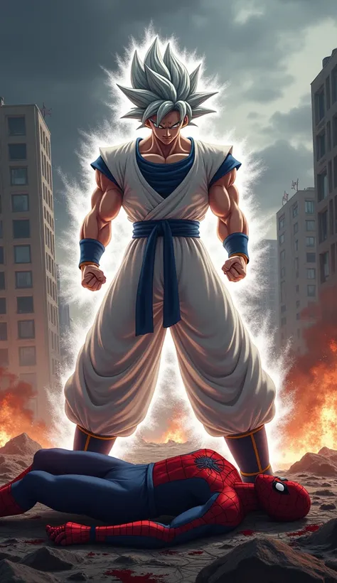 "Ultra Instinct Goku stands over the defeated Spider-Man in the midst of a destroyed city, his silver hair glowing fiercely and his eyes cold with intensity. Gokus body emanates a powerful, shimmering aura as he looks down at Spider-Man, who lies motionles...