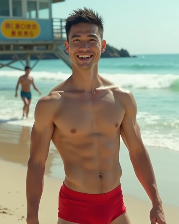 Disclaimer: Full length portrait of a cheerful 28 year old Hong Kong man, dressed as a lifeguard, shirtless and wearing tight red underwear that seem to have fallen off, lying on the beach near the lifeguard tower. He has a short haircut and a muscular bod...