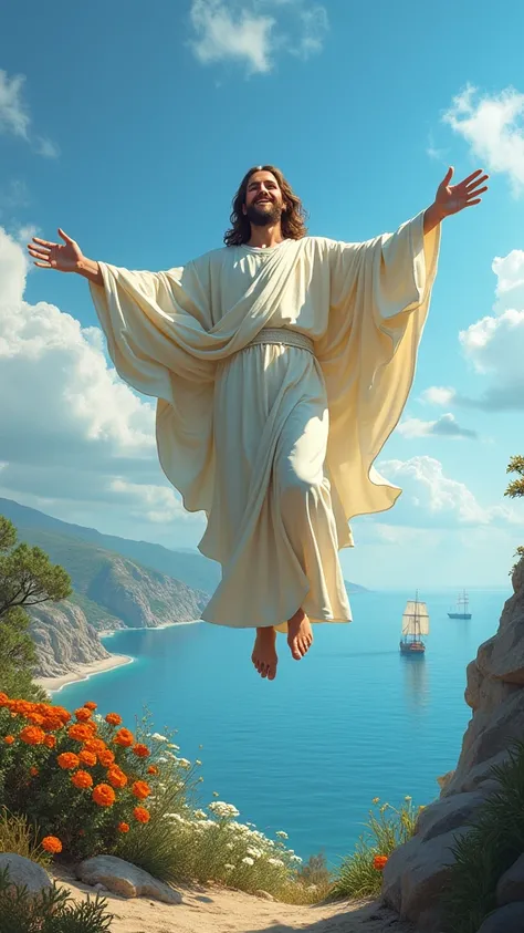 Jesus as king, spreading hands wide, smiling , floating above the sea water , blue sky, bush flower at shore , ships on water